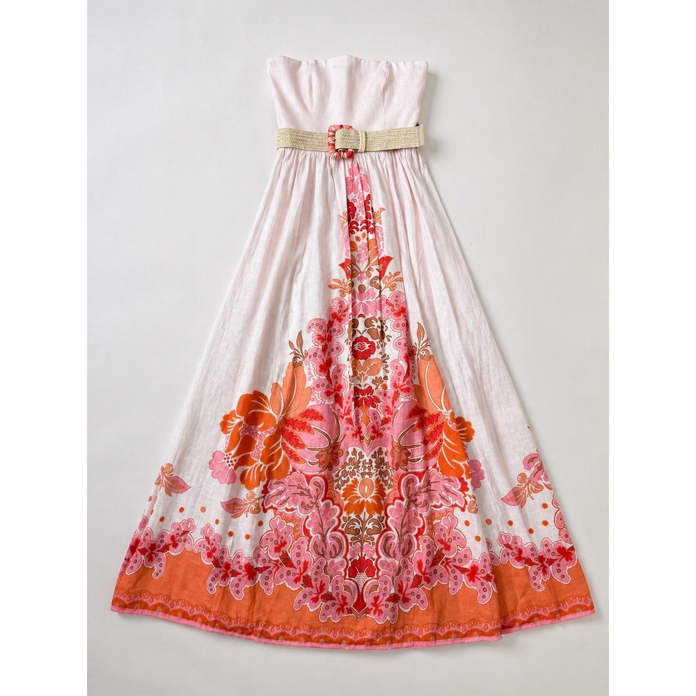 Zimmermann Violet Strapless Pink Linen Maxi Dress Belted Pockets AU 0 | US 4 - Picture 4 of 8